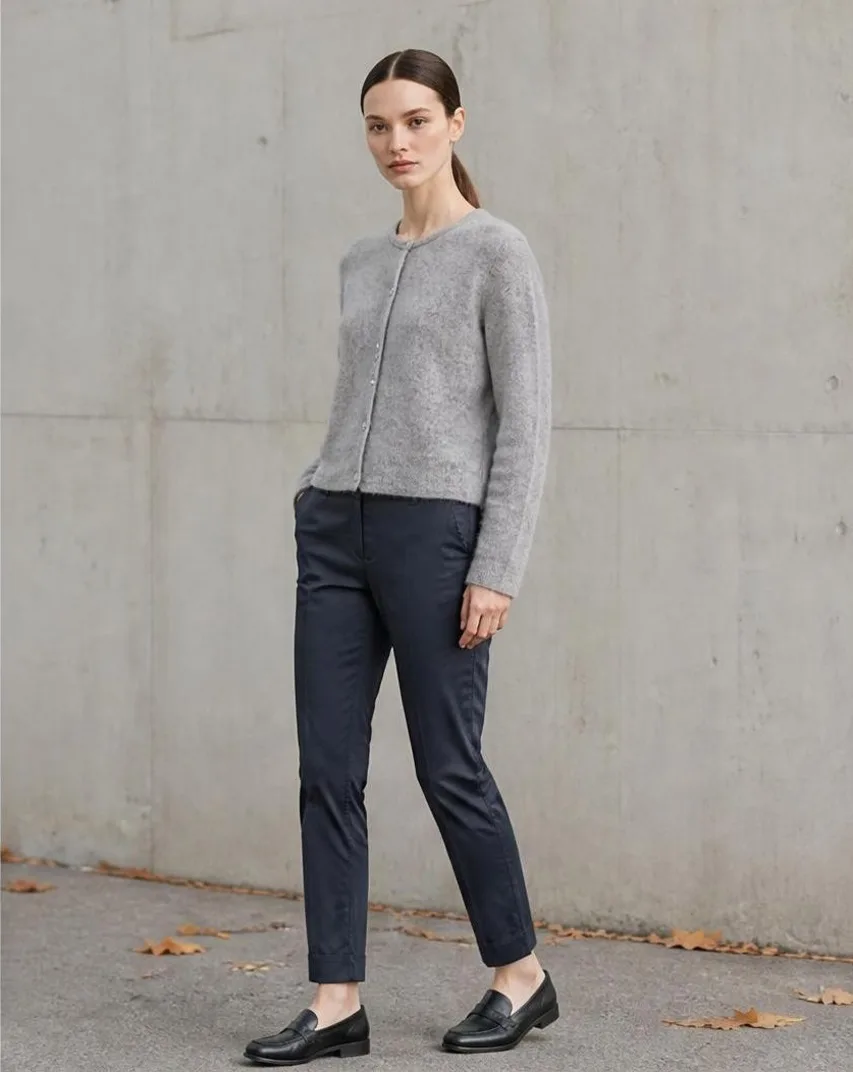 AI-generated outdoor photo of a model in a grey cardigan and navy trousers, standing with a hand in pocket against a concrete wall