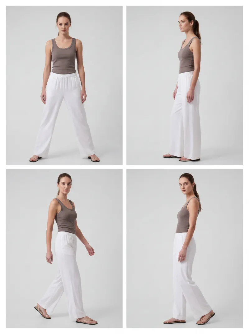 2x2 grid of AI-generated lookbook photos of a model wearing the outfit