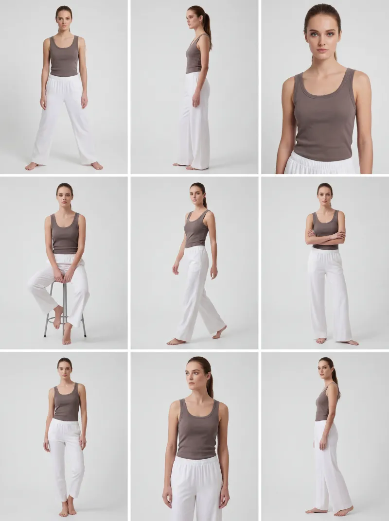 3x3 grid of AI-generated lookbook photos of a model wearing the outfit in different poses