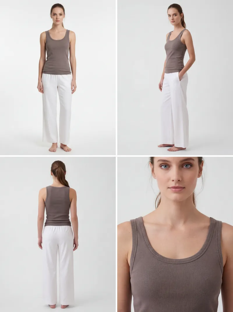 2x2 grid of AI-generated on-model product photos for an online shop listing