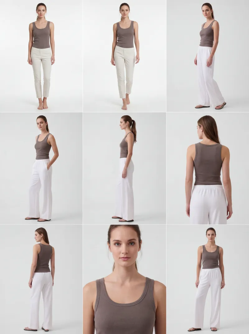 3x3 grid of AI-generated on-model product photos for an online shop listing