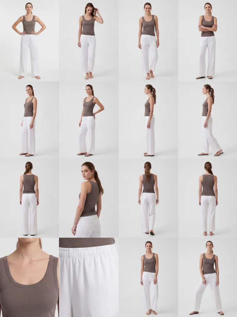 4x4 grid of AI-generated on-model product photos for an online shop listing, showing front, back, side and detail angles