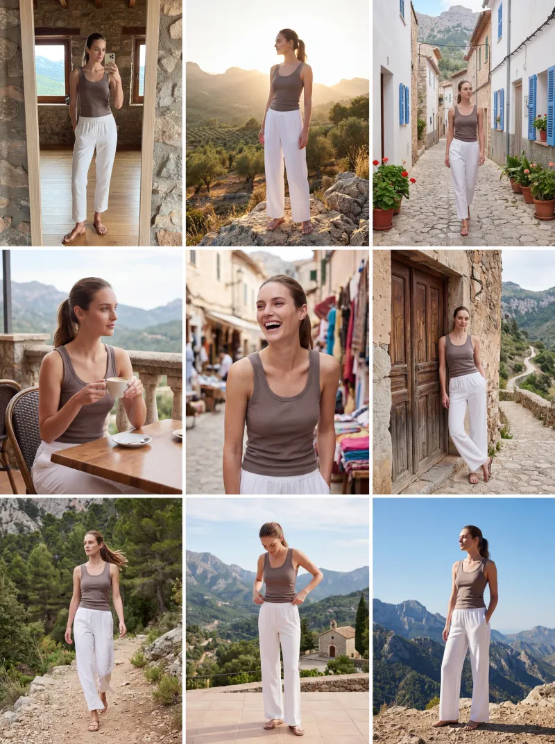 3x3 grid of AI-generated social media photos of a model wearing the outfit