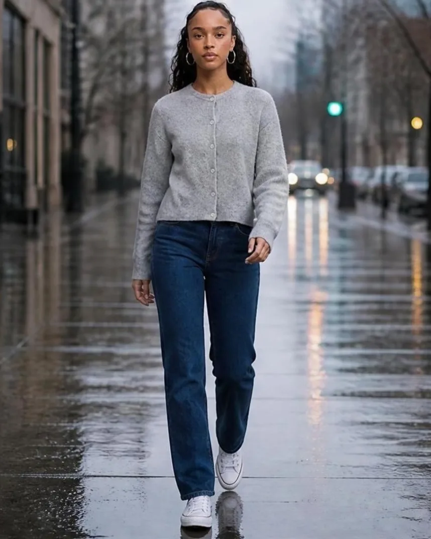 Model in the same light grey cardigan, buttoned, with straight jeans, walking towards the camera on a wet city street in overcast light